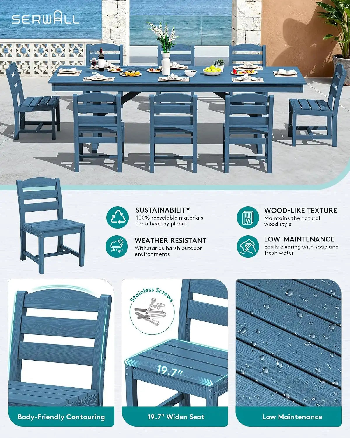 SERWALL Patio HDPE Armless Dining Chairs Set of 2, Navy