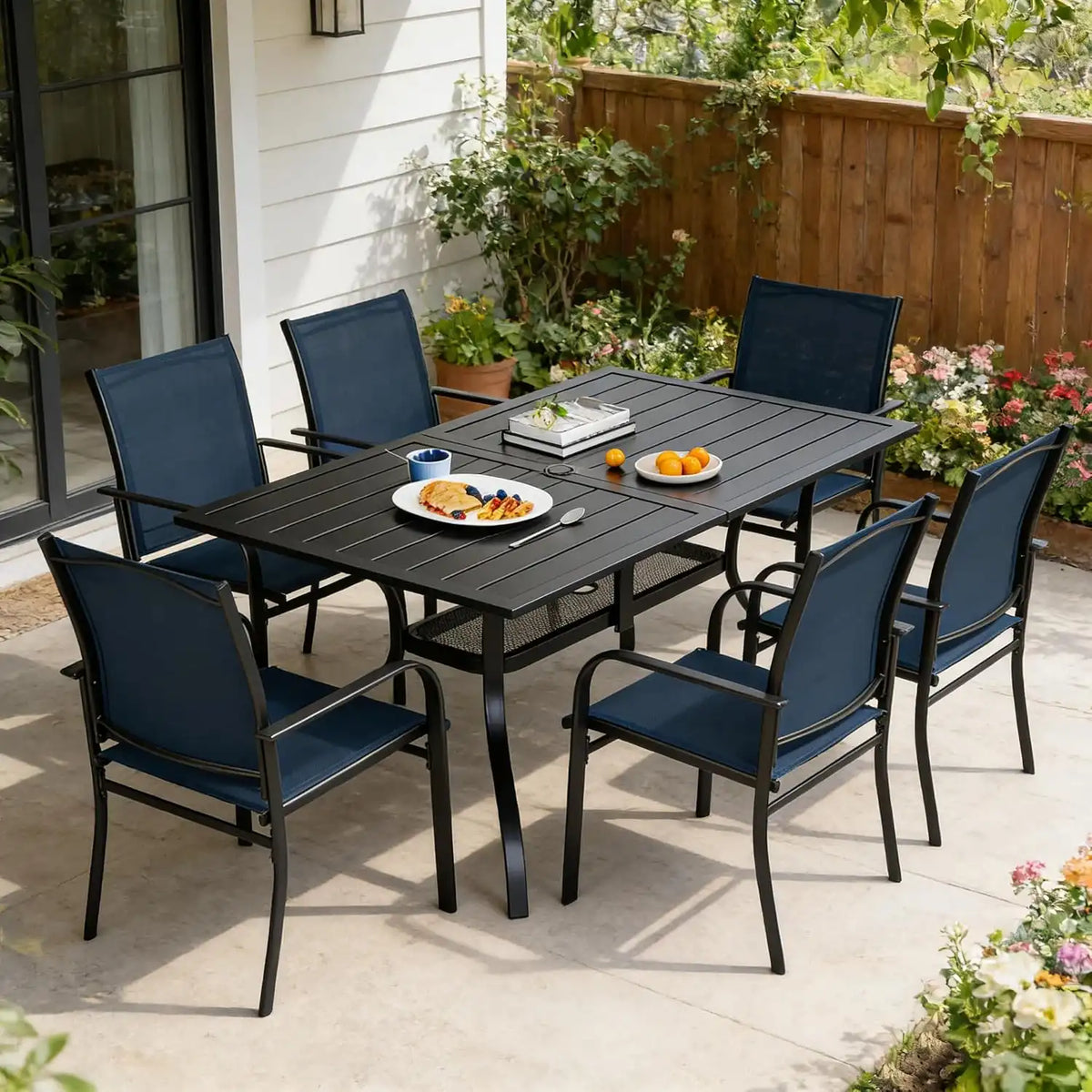 SUNCROWN 7 Pieces Outdoor Dining Set, Patio Furniture Set with 6 x Textilene Dinning Chairs and 1 60"x37" Steel Slat Metal Bistro Table for Backyard Lawn Deck Garden, Dark Blue