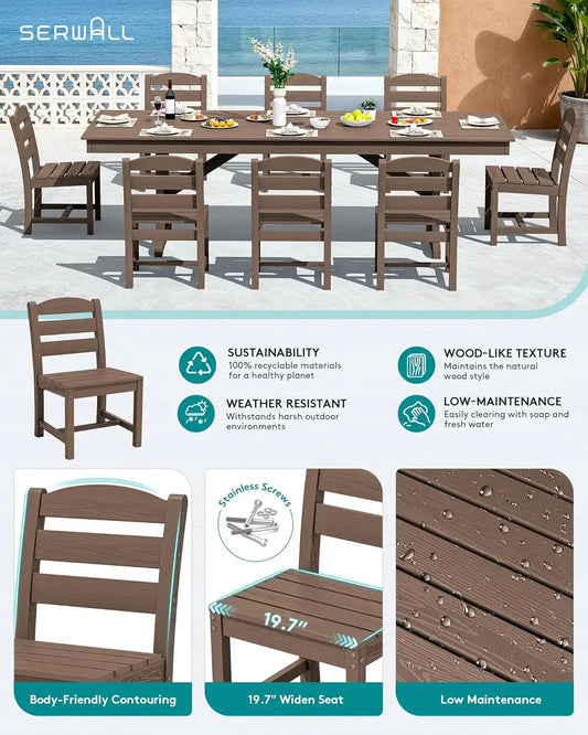 SERWALL 9Pcs 84" HDPE Outdoor Dining Set for 8 with Armless Chairs,Brown