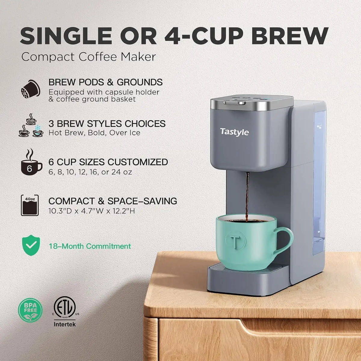Tastyle Single Serve Coffee Maker for K Cups and Grounds with 3 Brew Styles