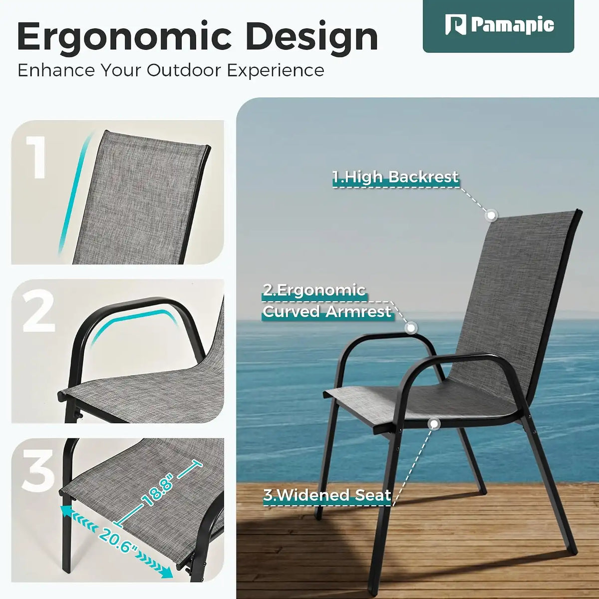 Pamapic Outdoor Dining Sets for 9, Rectangular Steel Slat Table with 8 Textilene Chairs, 8 Piece Patio Table and Chairs Set with Umbrella Hole for Patio, Backyard, Poolside (Grey, No Umbrella)