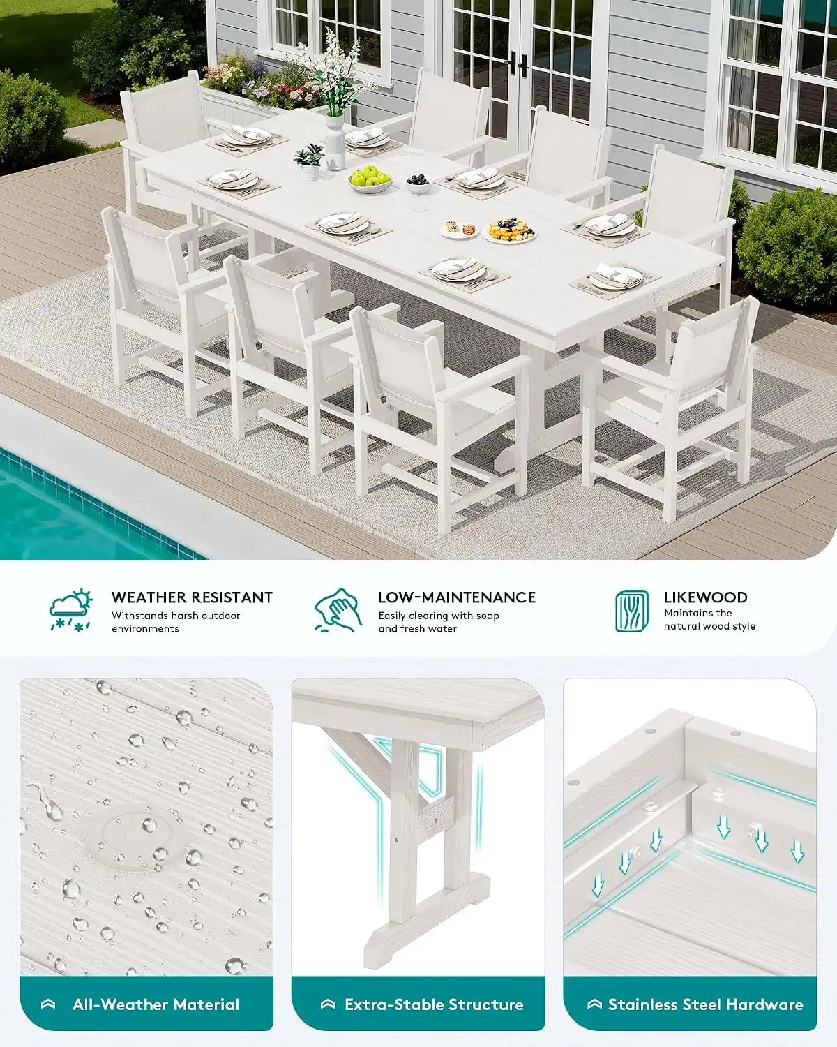 SERWALL 9Pcs HDPE Outdoor Dining Set for 8 with Sling Chairs, White