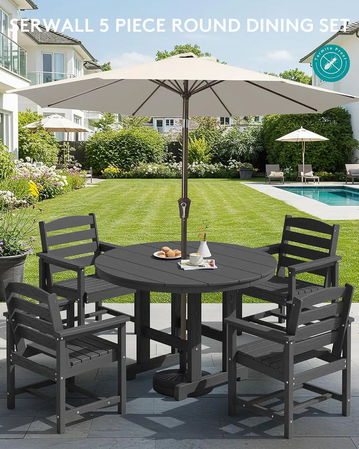 SERWALL 6-Pc Dining Set, 45" Table, 4 Chairs&9FT Umbrella, Black (No Base)