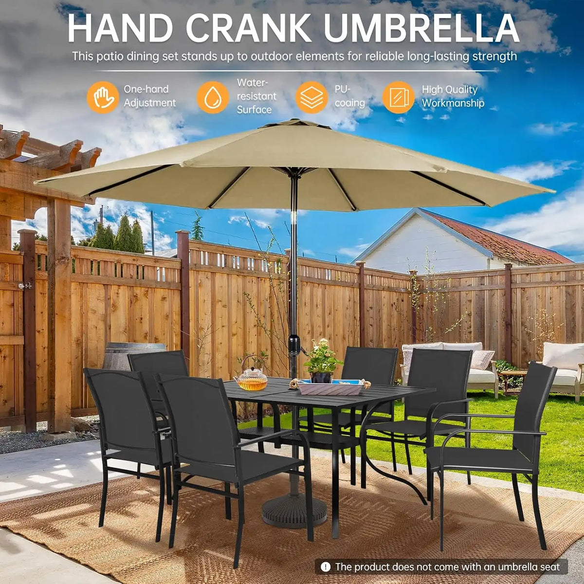 SUNCROWN 8 - Piece Outdoor Dining Set, Patio Furniture Set with 6 Textilene Dinning Chairs, 1 Rectangle Metal Table and 1 Brown 9Ft Patio Umbrella for Lawn Garden Backyard Deck, Black
