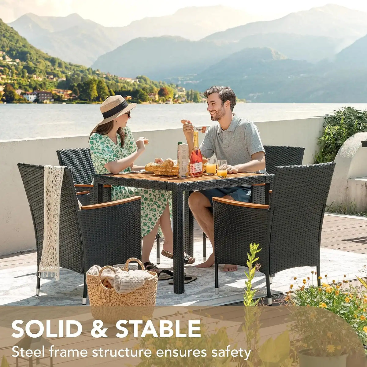 Devoko 5 PCS Acacia Wood Patio Dining Set, Black Rattan