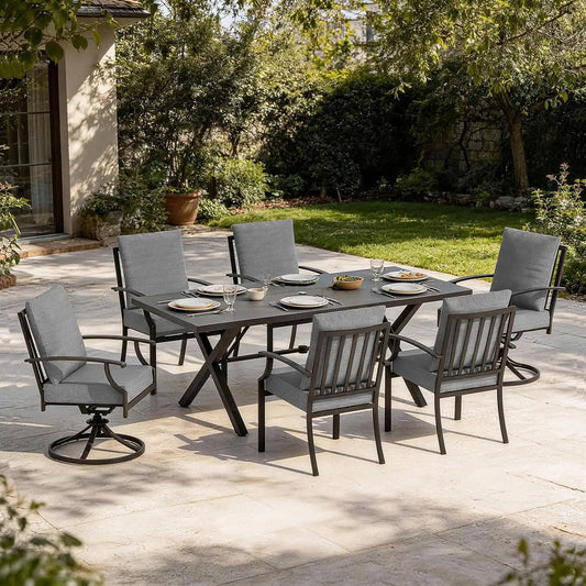 7 PCS Outdoor Patio Dining Set,Patio Table and Chairs Metal Outdoor Patio Furniture Set with Umbrella Hole,Dining Table Set with Swivel Chairs for Deck,Backyard and Garden,Grey