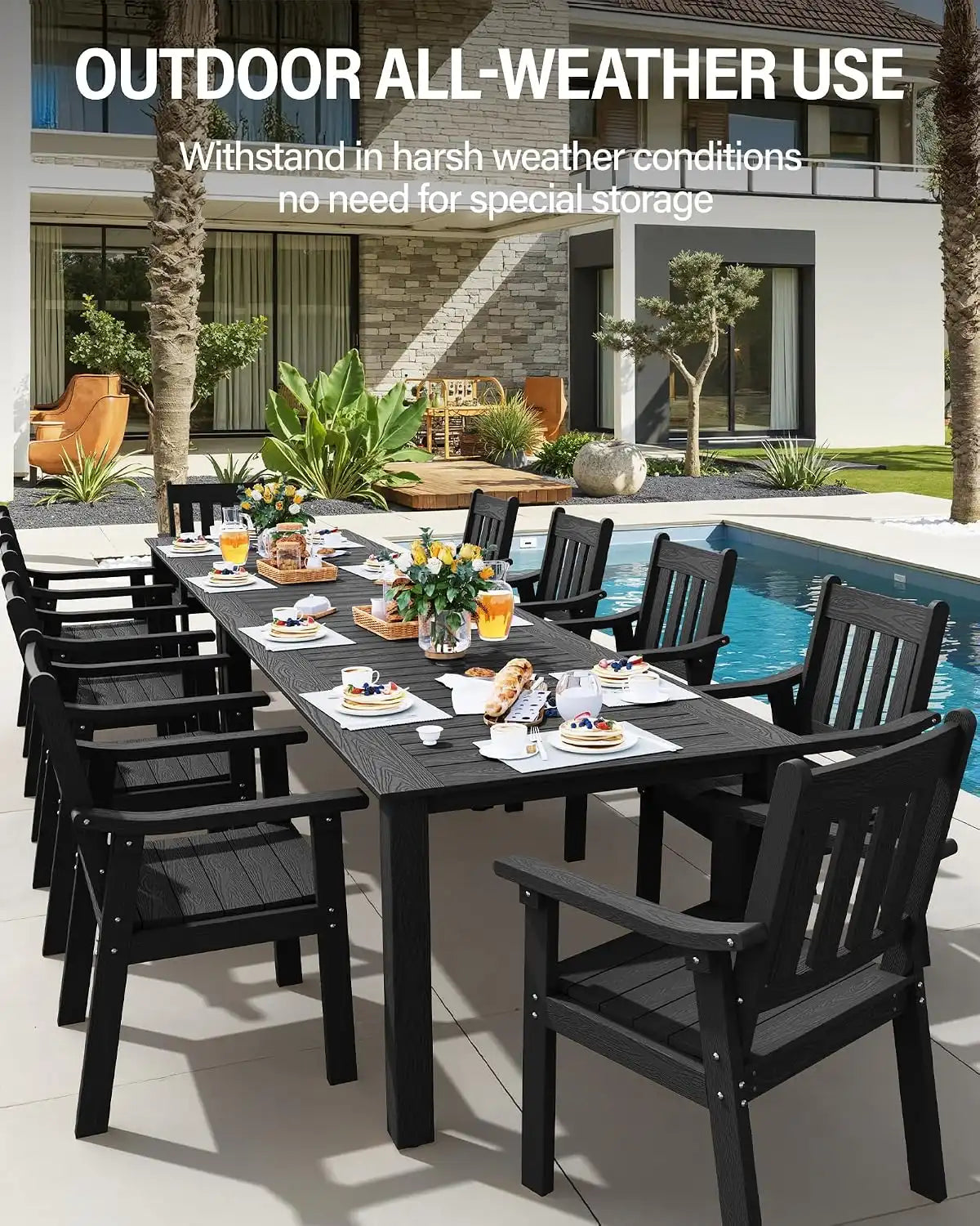 YEFU Outdoor Dining Set for 10, All-Weather HIPS, Aluminum Frame, Black