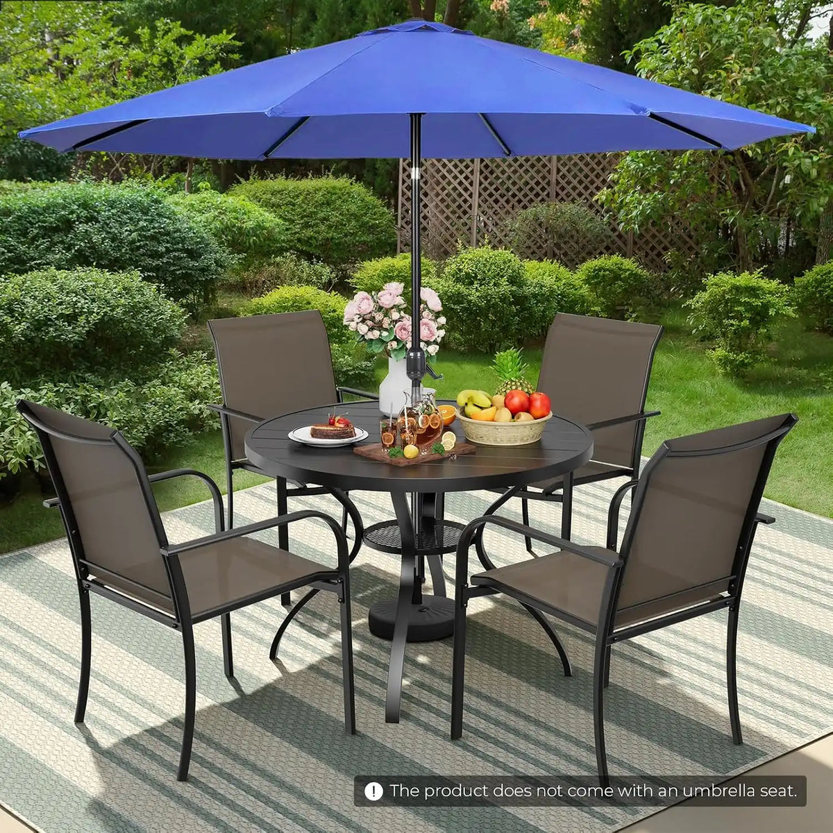 SUNCROWN 6 - Piece Outdoor Dining Set, Patio Furniture Set with 4 Textilene Dinning Chairs, 41" Metal Round Table and 1 Dark Blue 9Ft Patio Umbrella for Lawn Garden Backyard Deck, Brown