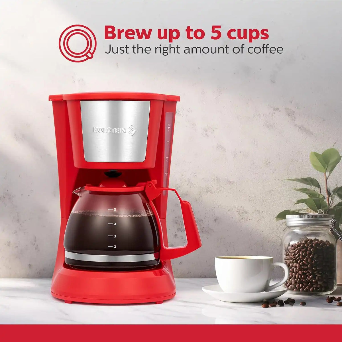 Holstein Housewares - 5 Cup Drip Coffee Maker - Convenient and User Friendly with Permanent Filter, Borosilicate Glass Carafe, Water Level Indicator, Auto Pause/Serve and Keep Warm Functions, Red