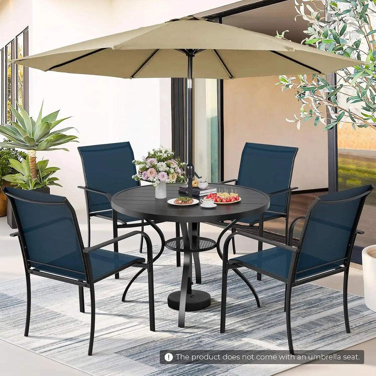 SUNCROWN 6 - Piece Outdoor Dining Set, Patio Furniture Set with 4 Textilene Dinning Chairs, 41" Metal Round Table and 1 Brown 9Ft Patio Umbrella for Lawn Garden Backyard Deck, Blue
