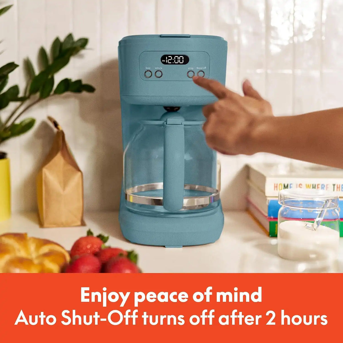BELLA 12 Cup Programmable Coffee Maker, Reusable Dishwasher Safe Accessories, Easy LCD display, Auto Shutoff, 900 watt, Surf