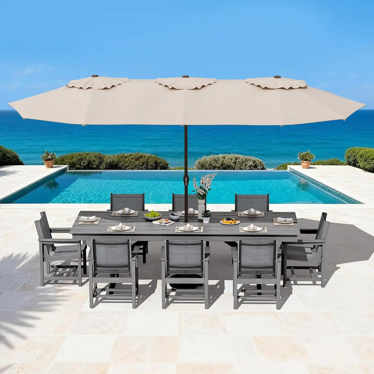 SERWALL 9Pcs HDPE Outdoor Dining Set for 8 with Sling Chairs,Gray