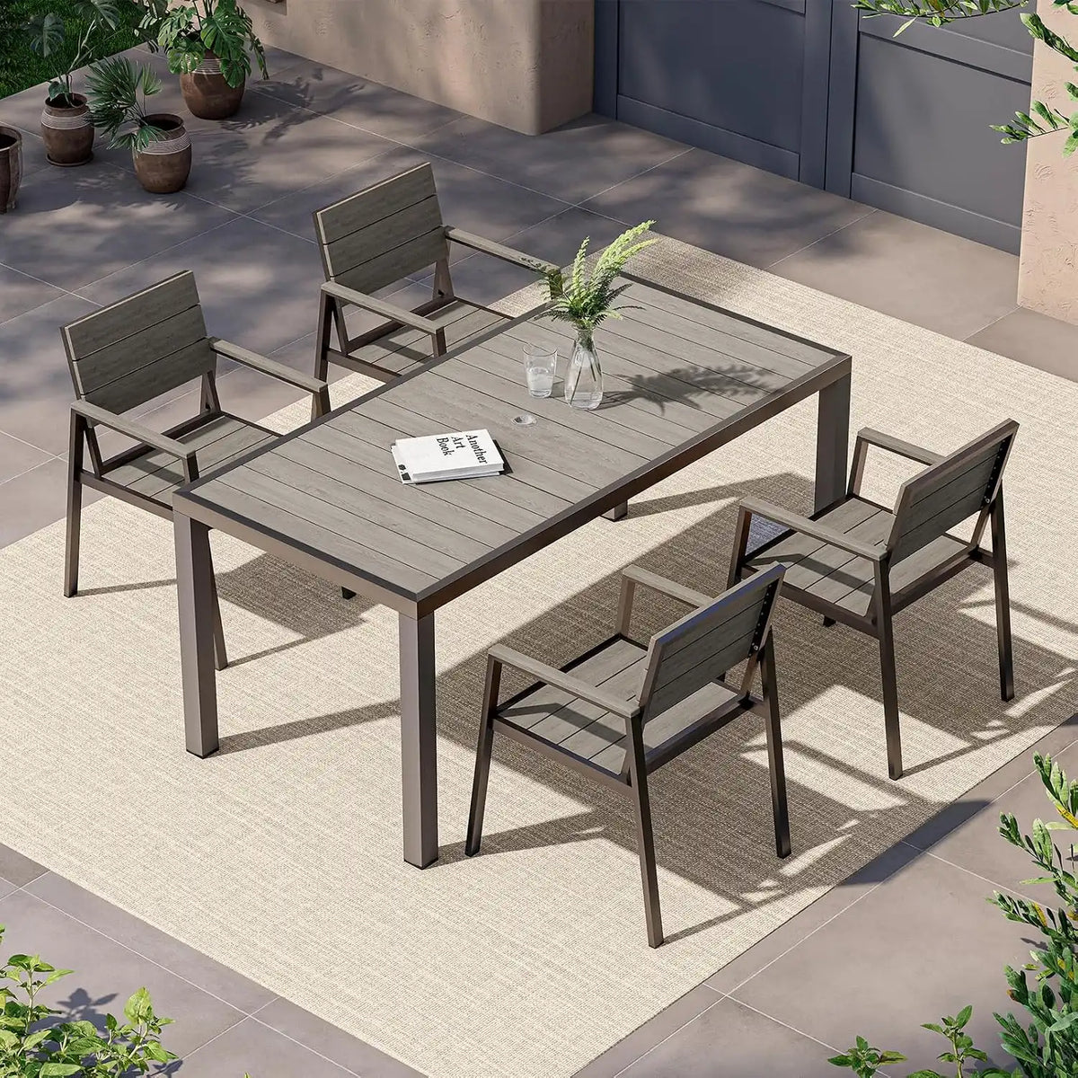 Vexwalx Outdoor Dining Set, Aluminum Dining Table Set for 4, Patio Table and Chairs Set with Umbrella Hole, All Weather HDPS Outdoor Table and Chairs for 4 (5-Piece, Gray)