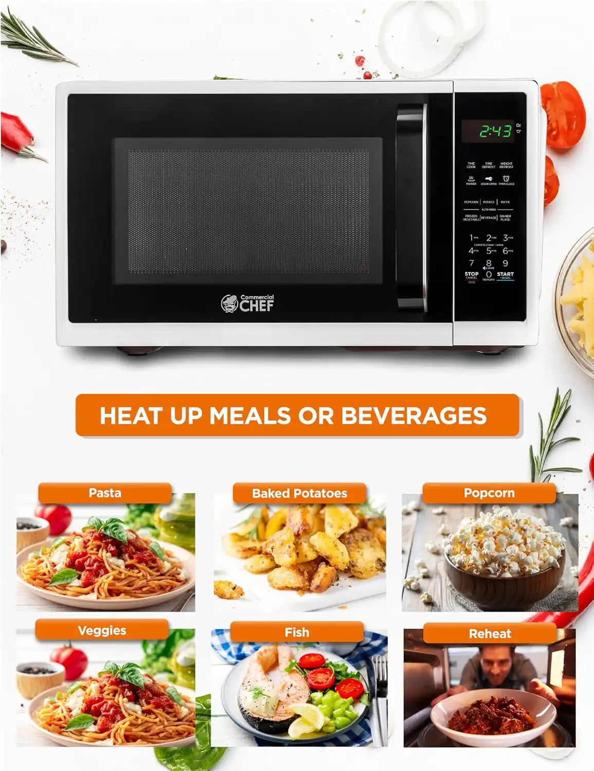 Commercial Chef 0.9 Cu. Ft. Countertop Microwave Oven, CHM9MW, White