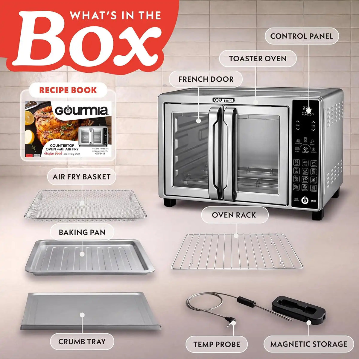 Gourmia Toaster Oven - 6-Slice Capacity, Temperature Probe, Stainless Steel