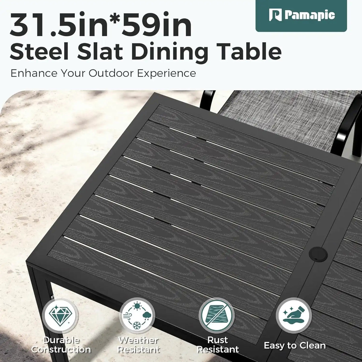 Pamapic Outdoor Dining Sets for 6, Rectangular Steel Slat Table with 6 Textilene Chairs, 7 Piece Patio Table and Chairs Set with Umbrella Hole for Patio, Backyard, Poolside (Grey, No Umbrella)