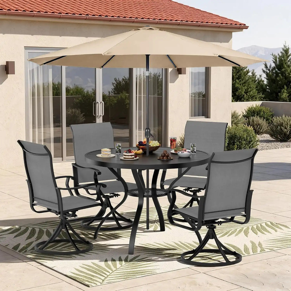 SUNCROWN 6-Piece Outdoor Dining Set, All Weather Patio Furniture Sets with 4 Dark Gray Swivel Textilene Mesh Chairs & Round Metal Table & 1 Brown 9Ft Umbrella for Deck Garden Backyard Poolside