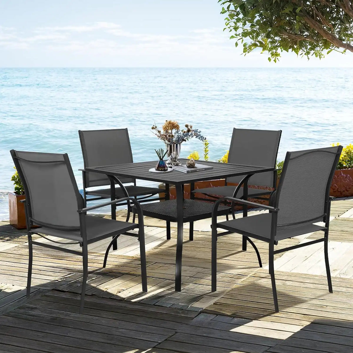 SUNCROWN 6 - Piece Outdoor Dining Set, Patio Furniture Set with 4 Textilene Dinning Chairs, 1 Steel Slat Metal Bistro Table and 1 Dark Blue 9Ft Patio Umbrella for Lawn Garden Backyard Deck, Black
