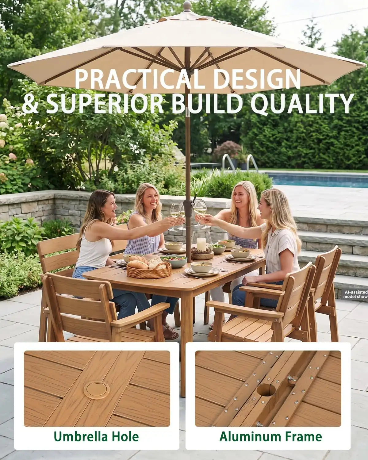 5pcs Patio Dining Set with Umbrella Hole Table & 4 Chairs, Teak