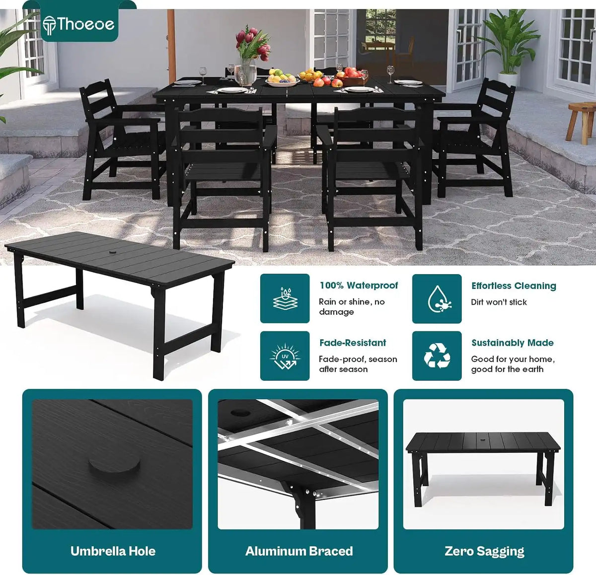 THOEOE Outdoor Dining Chair Set of 2, HDPE Patio Armchairs Black