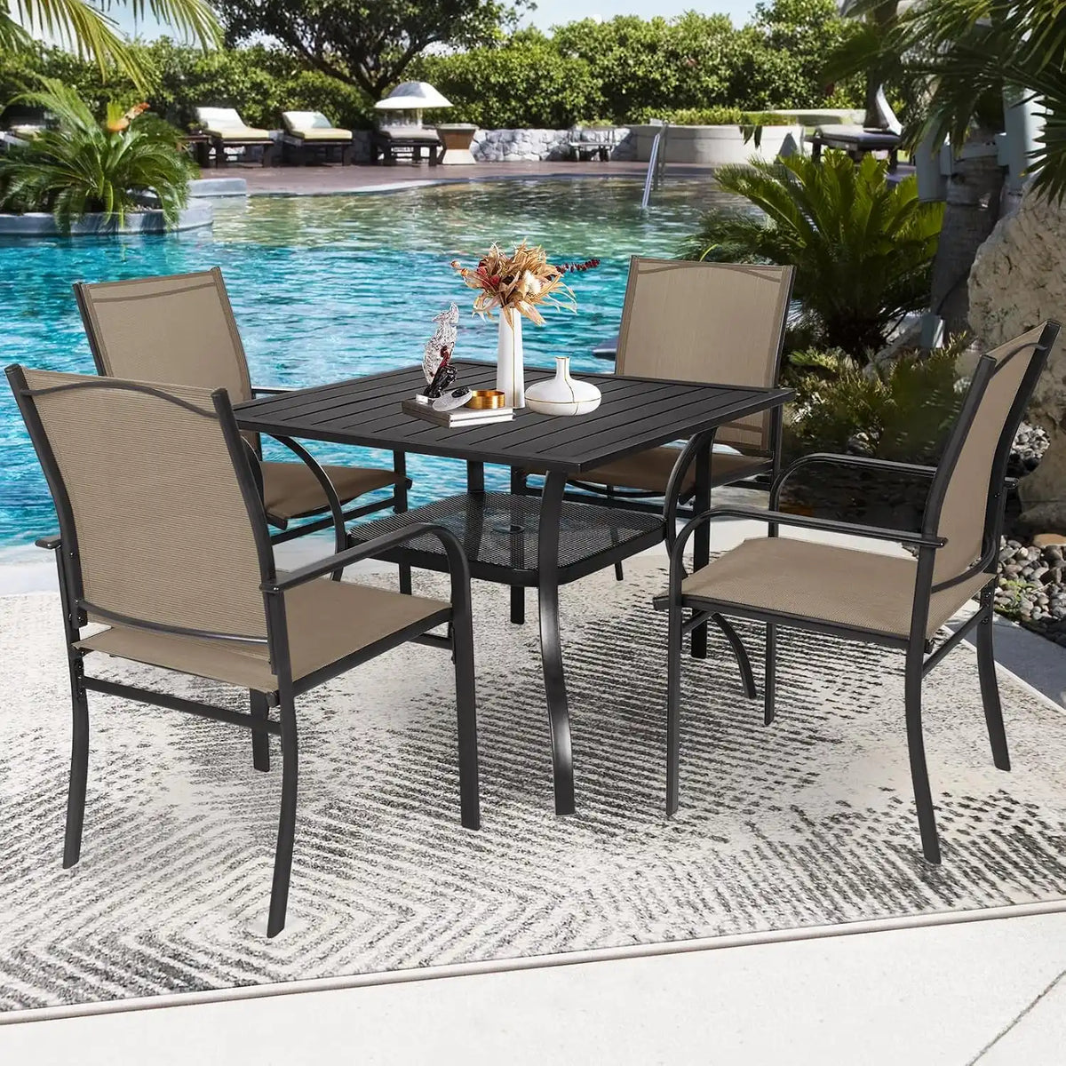 SUNCROWN 6 - Piece Outdoor Dining Set, Patio Furniture Set with 4 Textilene Dinning Chairs, 1 Steel Slat Metal Bistro Table and 1 Dark Blue 9Ft Patio Umbrella for Lawn Garden Backyard Deck, Brown