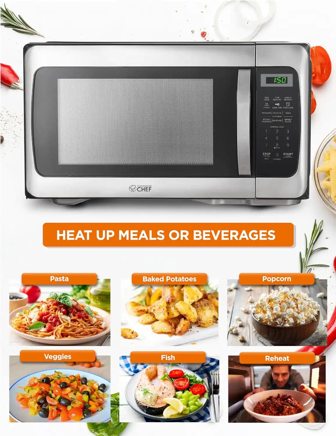 Commercial Chef 1.1 Cu. Ft. Countertop Microwave Oven, CHM11MS, Stainless