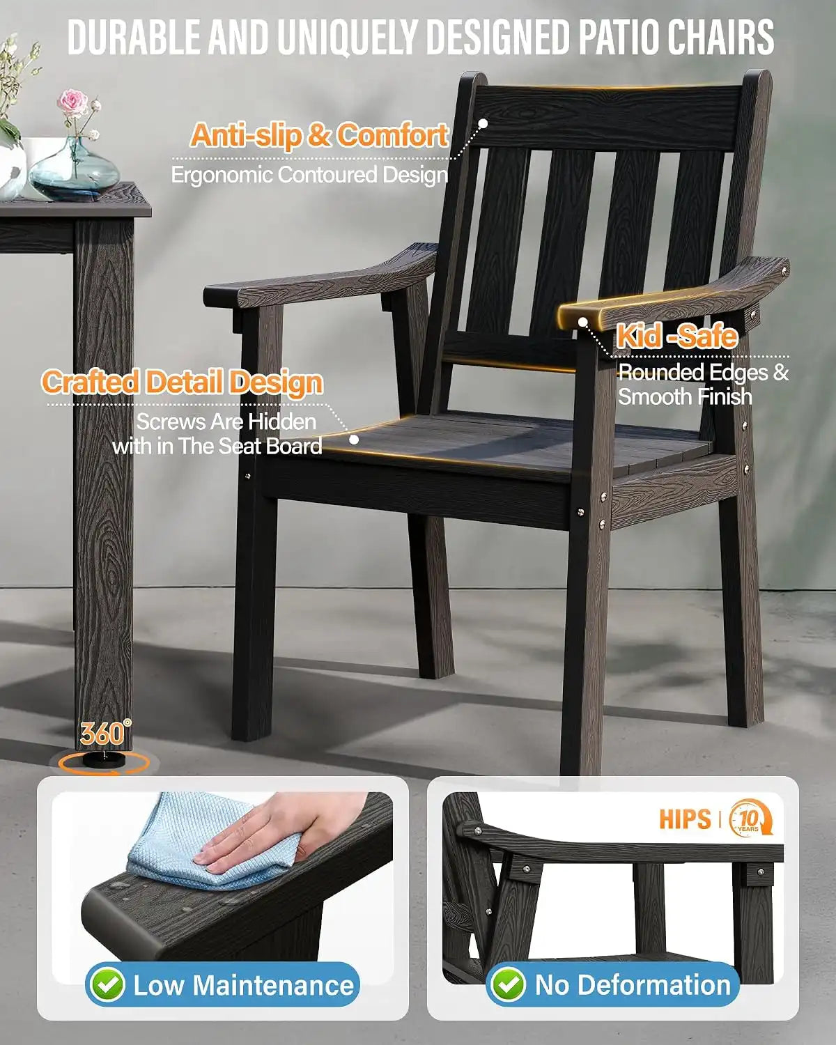 YEFU Patio Dining Chairs Set of 4, Weather Resistant HIPS, Black