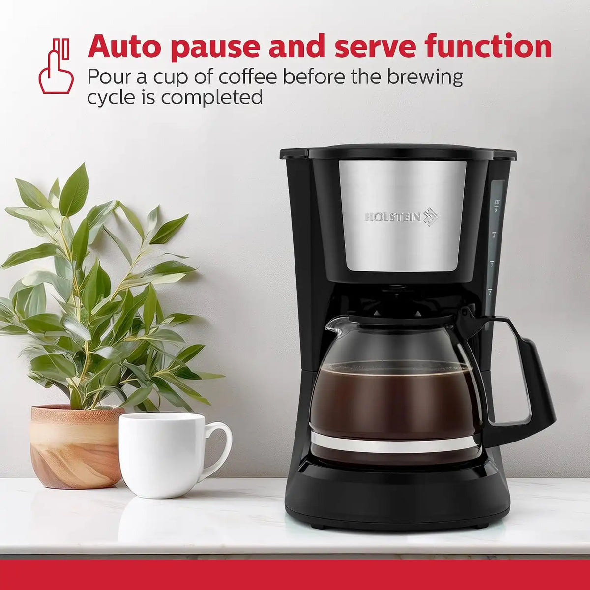 Holstein Housewares - 5 Cup Drip Coffee Maker - Convenient and User Friendly with Permanent Filter, Borosilicate Glass Carafe, Water Level Indicator, Auto Pause/Serve and Keep Warm Functions, Black