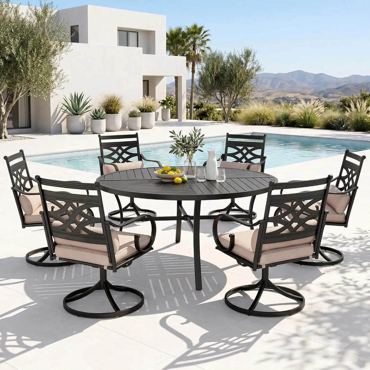 PHI VILLA Patio Dining Set, for 6, Swivel Chairs