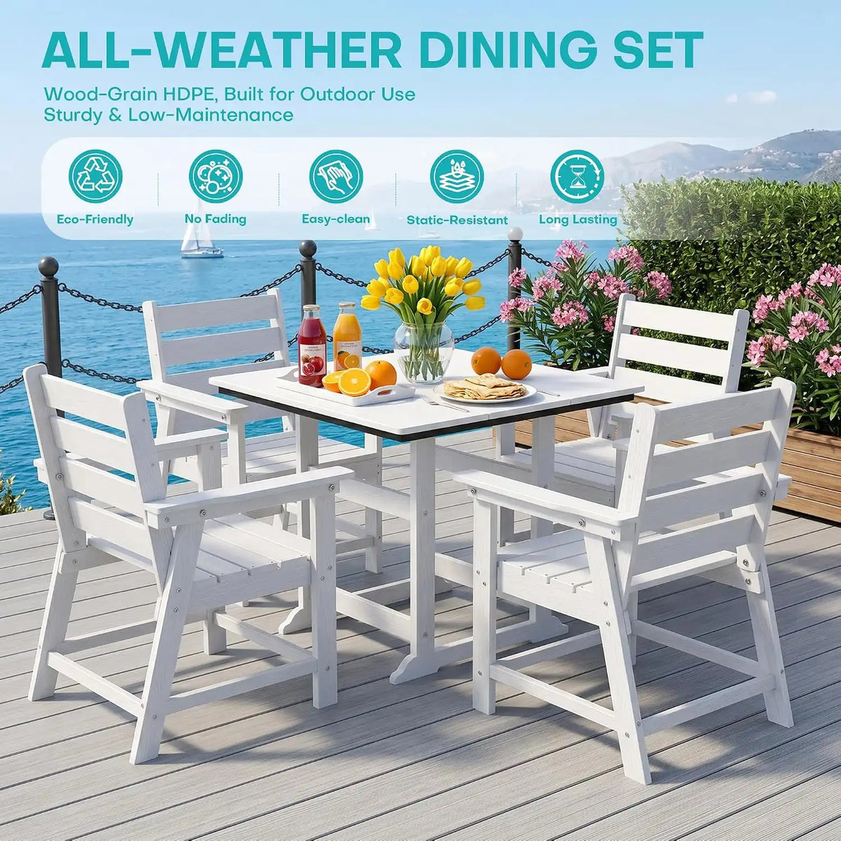 HDPE Outdoor Dining Set, Patio Dining Set of 5, White