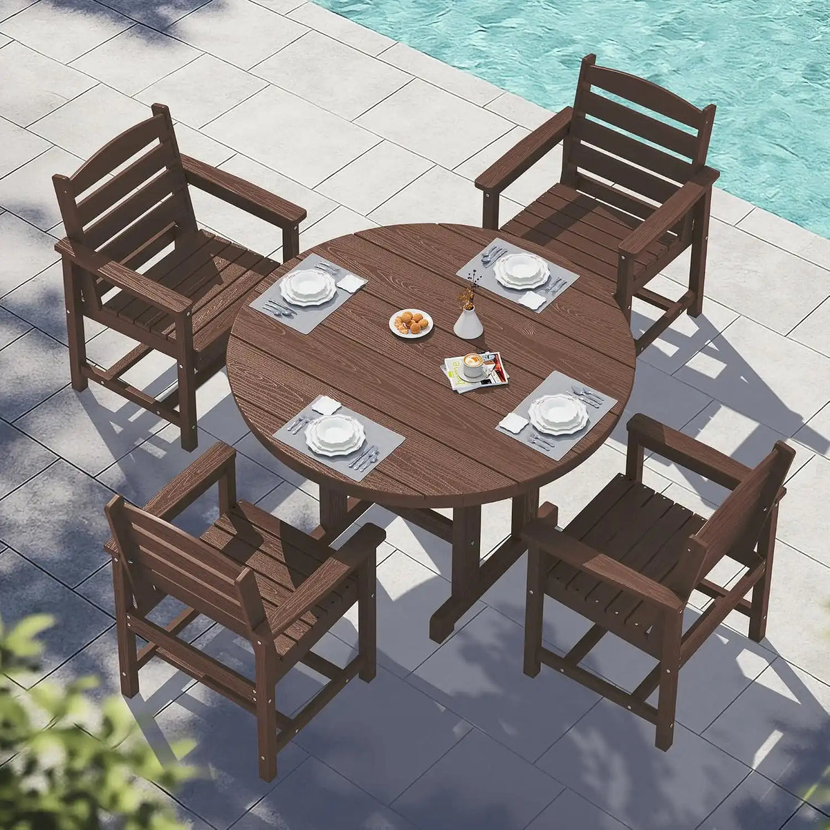 SERWALL 6-Pc Dining Set, 45" Table, 4 Chairs&9FT Umbrella, Coffee (No Base)