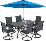 SUNCROWN 8-Piece Outdoor Dining Set, All Weather Patio Furniture Sets with 6 Black Swivel Textilene Mesh Chairs & Rectangular Metal Table & 1 Light Blue 9Ft Umbrella for Garden Backyard Poolside