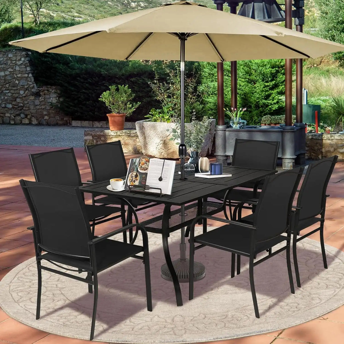 SUNCROWN 8 - Piece Outdoor Dining Set, Patio Furniture Set with 6 Textilene Dinning Chairs, 1 Rectangle Metal Table and 1 Brown 9Ft Patio Umbrella for Lawn Garden Backyard Deck, Black