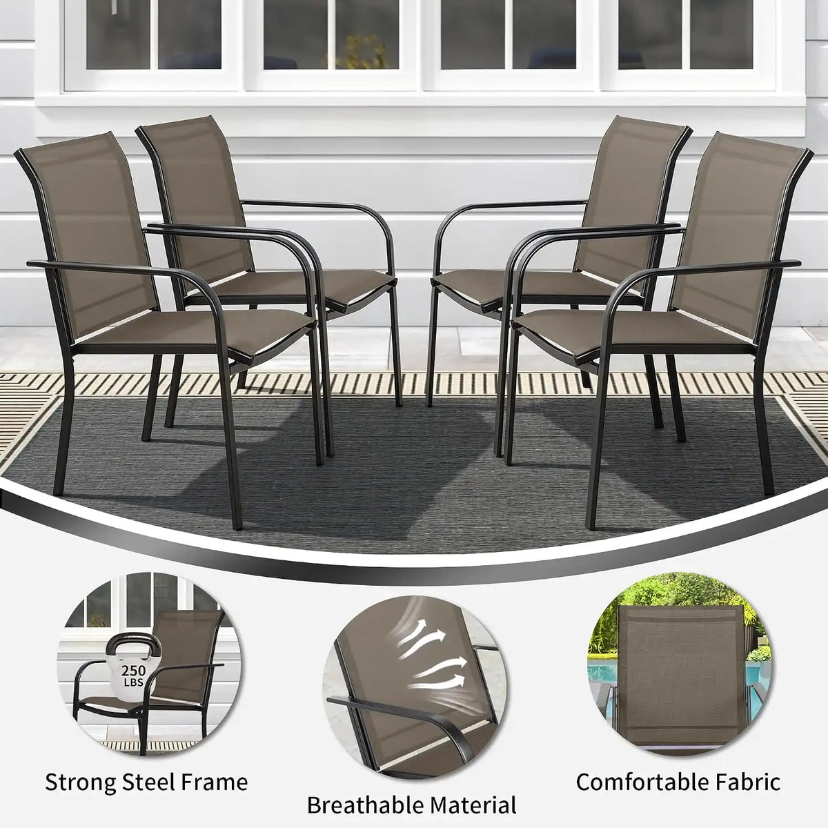 SUNCROWN 6 - Piece Outdoor Dining Set, Patio Furniture Set with 4 Textilene Dinning Chairs, 1 Steel Slat Metal Bistro Table and 1 Dark Blue 9Ft Patio Umbrella for Lawn Garden Backyard Deck, Brown