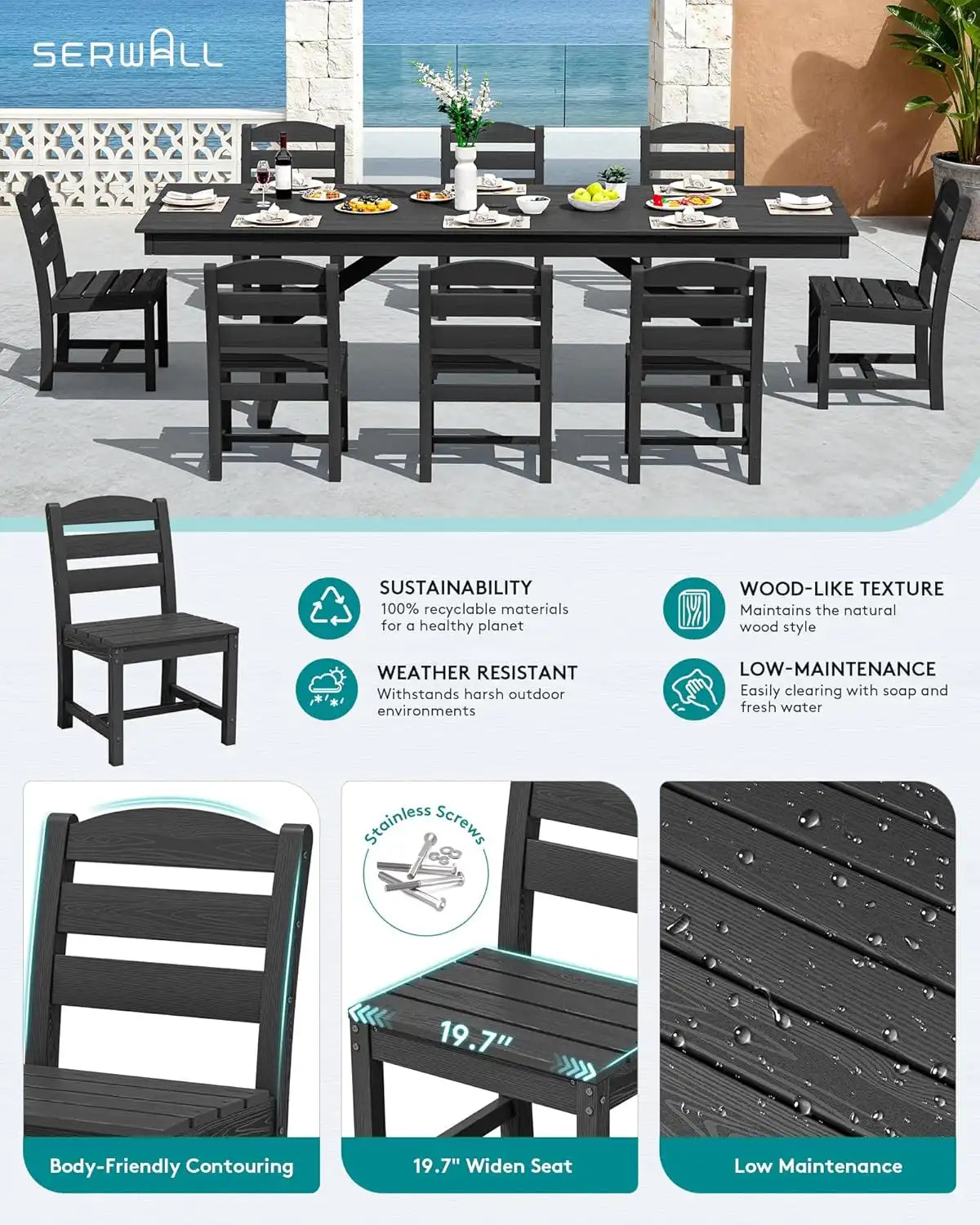 SERWALL 9Pcs 84" HDPE Outdoor Dining Set for 8 with Armless Chairs,Black