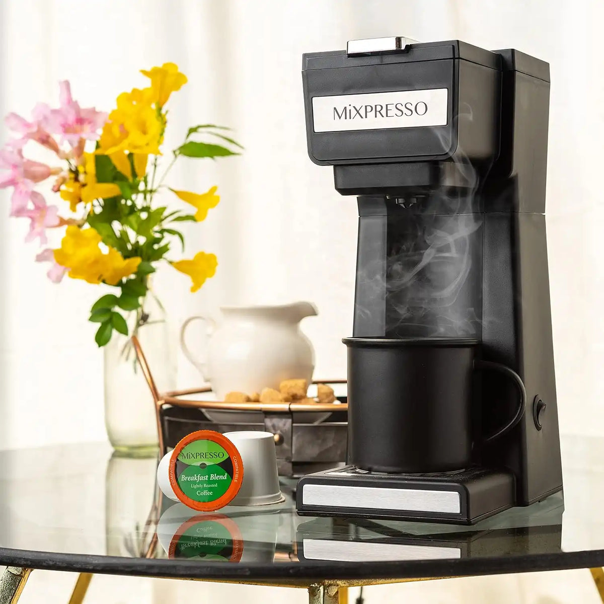 Mixpresso Coffee Maker Single Serve For Ground Coffee & Compatible With K Cup Pods, With 14oz Travel Mug & Reusable Filter For Home, Office & Camping.