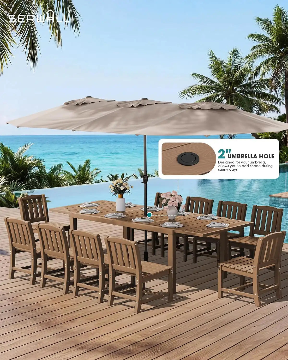 SERWALL Outdoor Patio Dining Set for 8, Brown