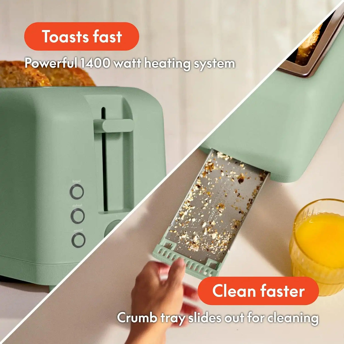 bella 4 Slice Slim Toaster, Fits-anywhere™ Kitchenware, 6 Setting Shade Control with Reheat & Cancel Buttons, Fits Sourdough, 10” Long Slot, Anti Jam & Auto Shutoff, 900 Watt, Seaglass