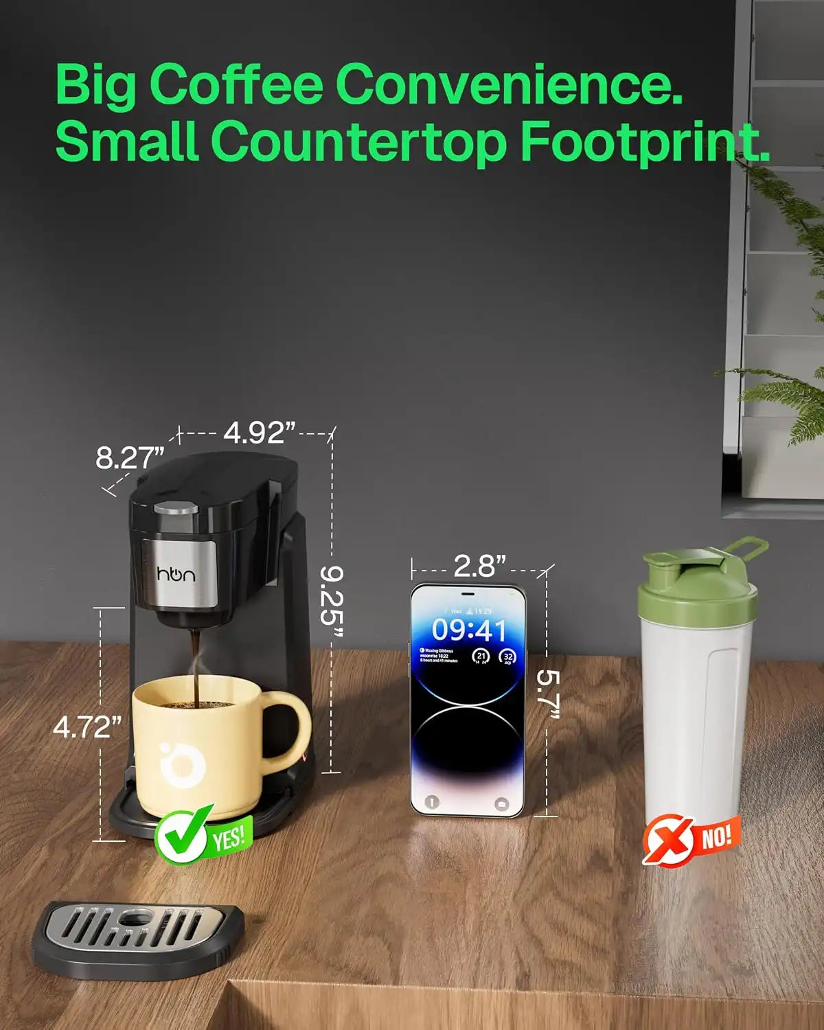 HBN Single Serve Coffee Maker for K-Cup & Ground Coffee, Fast Brew One Cup Coffee & Tea Machine with 10oz Stainless Steel Tank, Compact Design Capsule Coffee Machine, Black