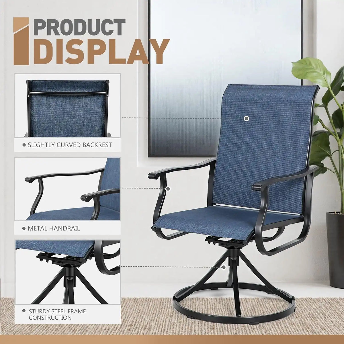 SUNCROWN 5-Piece Outdoor Patio Dining Set, All Weather Round Metal Table & 4 Dark Blue Swivel Textilene Mesh Chairs, Weather Resistant Patio Furniture for Deck Lawn Garden Backyard Poolside