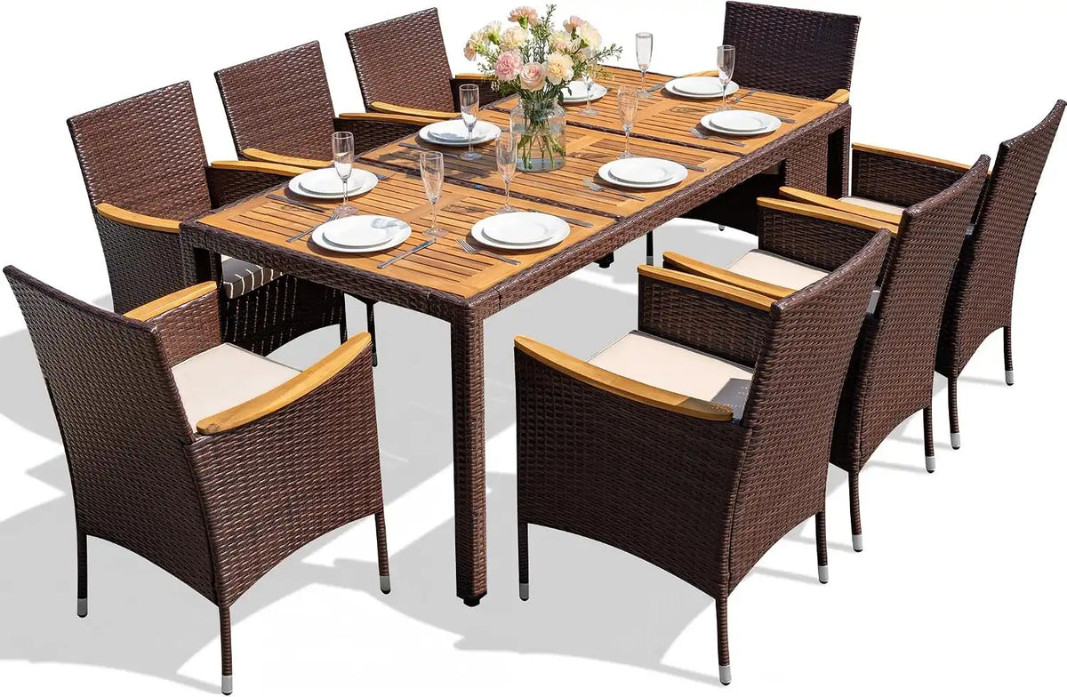 Devoko 9 PCS Acacia Wood Patio Dining Set, Brown Rattan