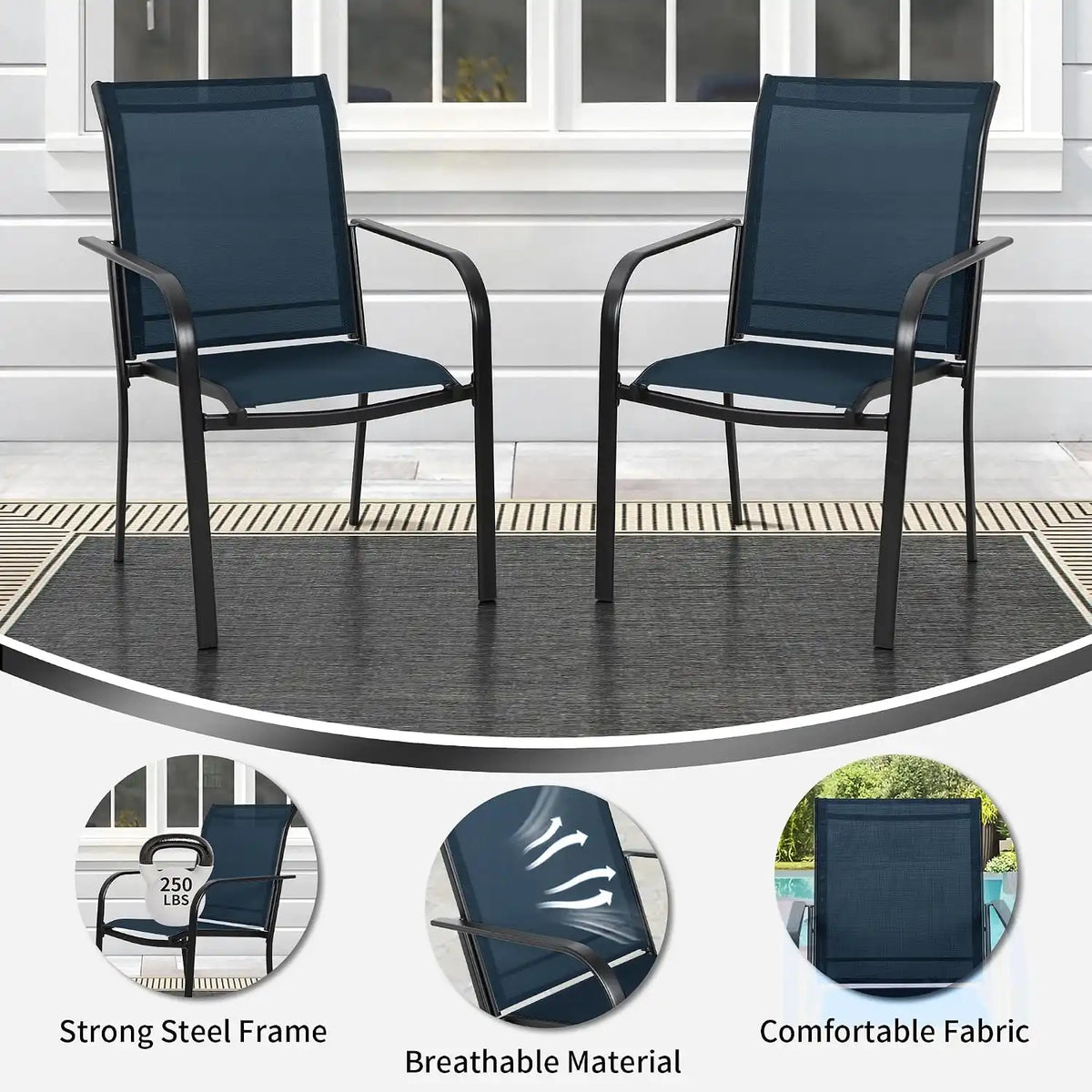 SUNCROWN 8 - Piece Outdoor Dining Set, Patio Furniture Set with 6 Textilene Dinning Chairs, 53" Metal Round Table and 1 Brown 9Ft Patio Umbrella for Lawn Garden Backyard Deck, Blue