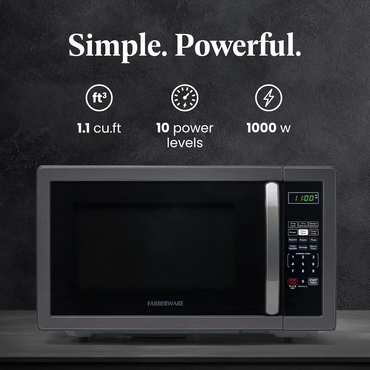 Countertop Microwave Oven, 1.1 cu. ft.1000 Watts, Black Stainless Steel