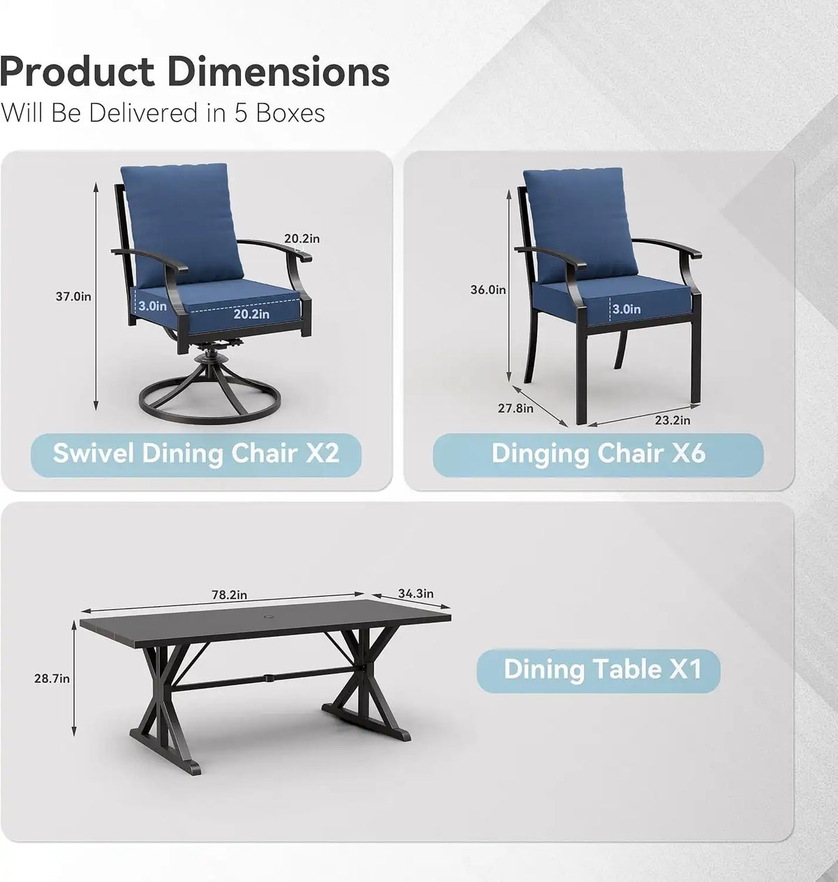 ALAULM 9-Piece Patio Dining Set,Outdoor Metal Dining Set with 2 Swivel Chairs & Rectangle Table with 1.5 Umbrella Hole, Patio Dining Table and Chairs for Backyard,Navy