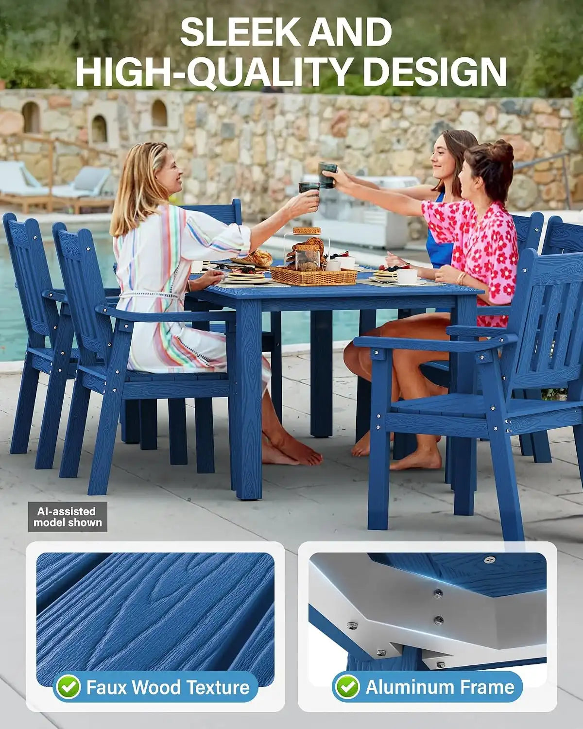 YEFU Outdoor Dining Set for 10, All-Weather HIPS, Aluminum Frame, Blue