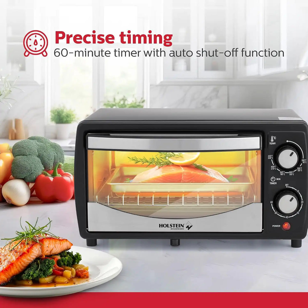 Holstein Housewares 4 Slice Countertop Toaster Oven with 60 Minute Timer Includes Pan and Wire Rack, Perfect for Baking, Broiling, and Toasting Compact Design in Sleek Black for Convenient Kitchen Use