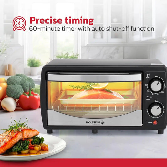 Holstein Housewares 4 Slice Countertop Toaster Oven with 60 Minute Timer Includes Pan and Wire Rack, Perfect for Baking, Broiling, and Toasting Compact Design in Sleek Black for Convenient Kitchen Use