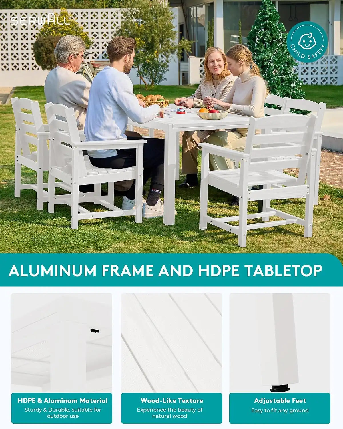 SERWALL 60" - 83" Expandable Outdoor Dining Table and 6 HDPE Chairs, White