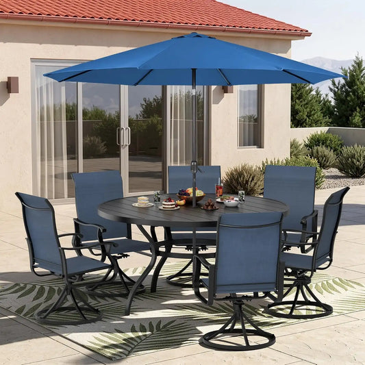 SUNCROWN 8-Piece Outdoor Dining Set, All Weather Patio Furniture Sets with 6 Dark Blue Swivel Textilene Mesh Chairs & Round Metal Table & 1 Dark Blue 9Ft Umbrella for Deck Garden Backyard Poolside