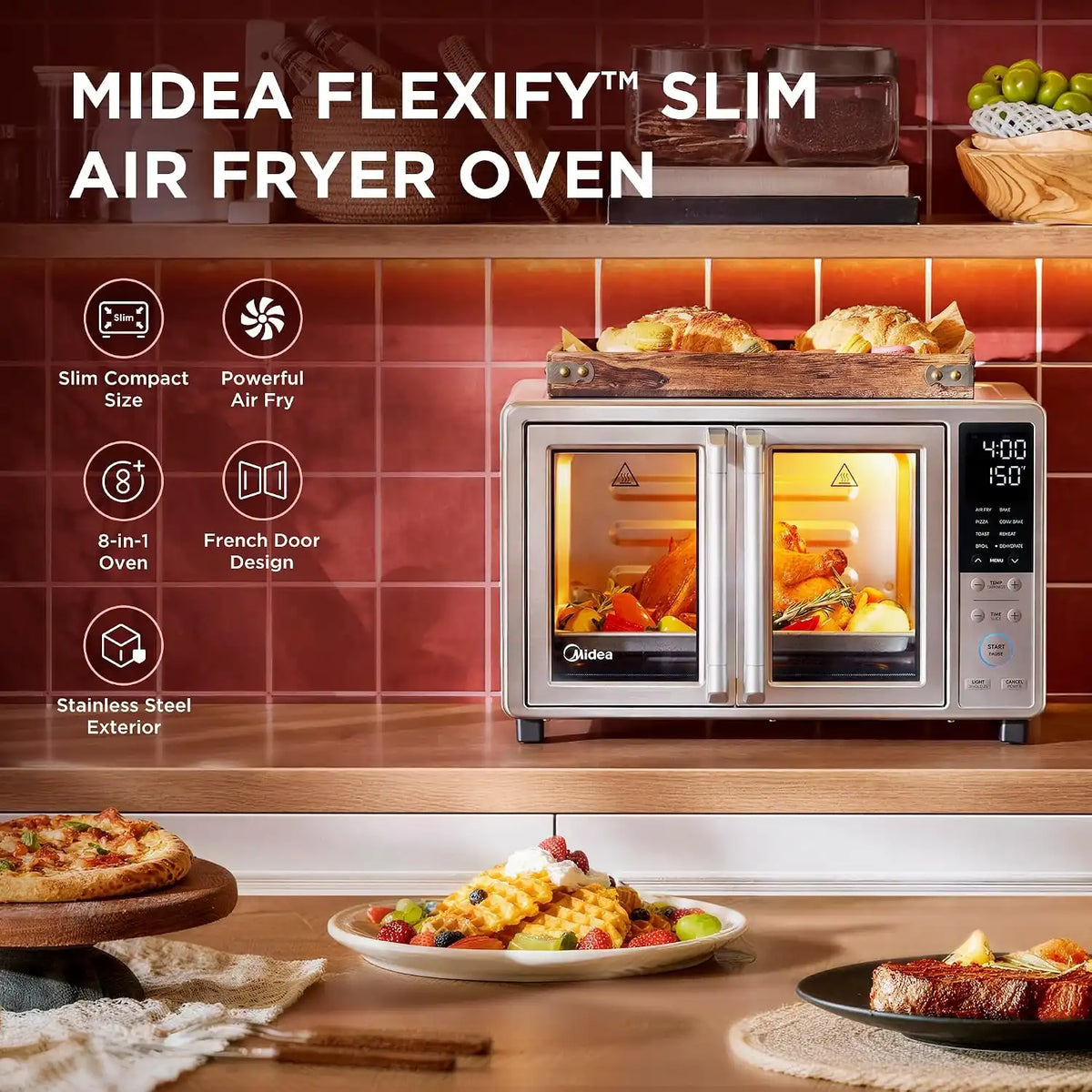 Midea Flexify Slim 8-in-1 French Door Toaster Oven Air Fryer Combo, 26.4 QT